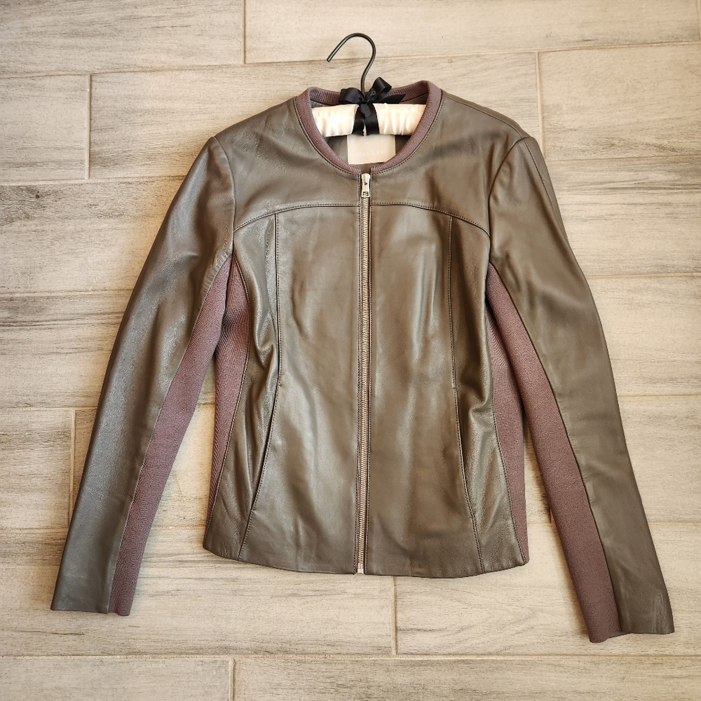 SOIA & KYO Leather Jacket M Dark Grey Lamb Leather Sianne Collarless Knit Ribbed